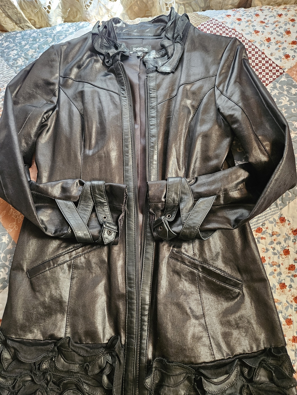 bebe Women's Black Faux Leather Belted Coat